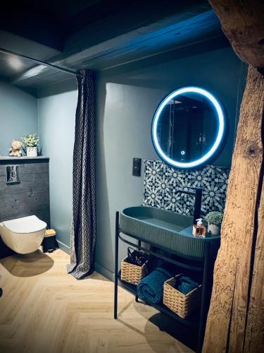 a bathroom with a green sink and a toilet at Suite Richovilare - Sauna & Hammam in Riquewihr