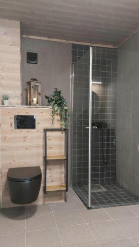a bathroom with a shower with a black toilet at New apartment for rent in Larvik