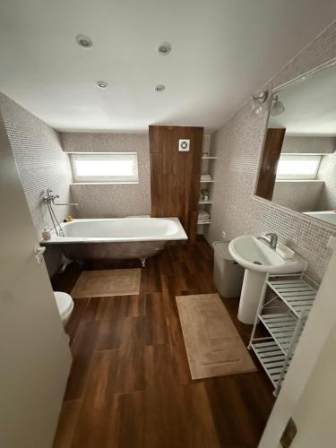 a bathroom with a tub and a toilet and a sink at CENTRO House in Alytus