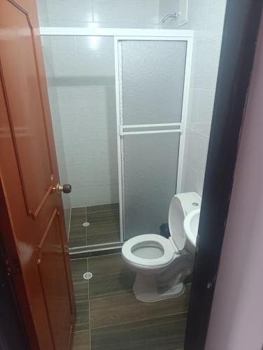 a bathroom with a toilet and a glass shower at Hotel Gallineral in San Martín