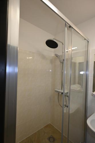 a shower with a glass door next to a sink at Vila Victory polopenze v Krušných horách in Abertamy