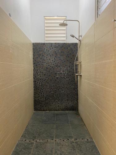 a bathroom with a shower with a brick wall at Villa Aurora Samaná in Santa Bárbara de Samaná