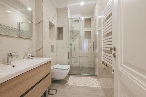 a bathroom with a shower and a sink and a toilet at Damone Residence in Gura Humorului
