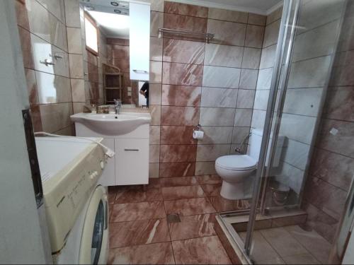 a bathroom with a shower and a toilet and a sink at Sunny Home in Anaxos