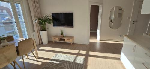 a living room with a flat screen tv on a wall at Apartament Deluxe Elbląg Old Town BULVAR in Elblag