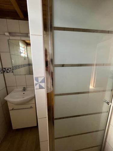 a small bathroom with a sink and a toilet at Coin tranquille in Sainte-Anne