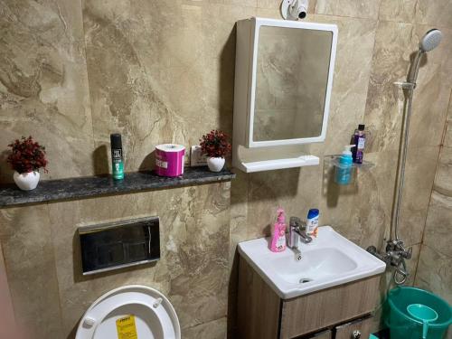 a bathroom with a sink and a toilet and a mirror at StayVerse74 in Noida