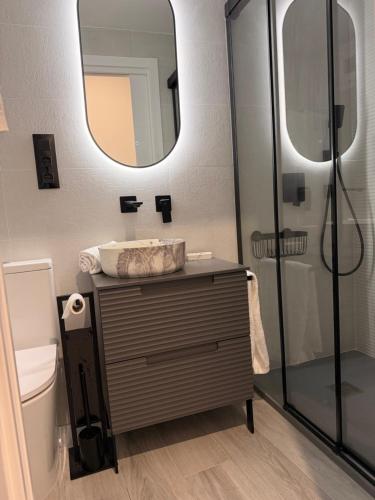 a bathroom with a sink and a shower with a mirror at Apartamento Las Cruces in Plasencia