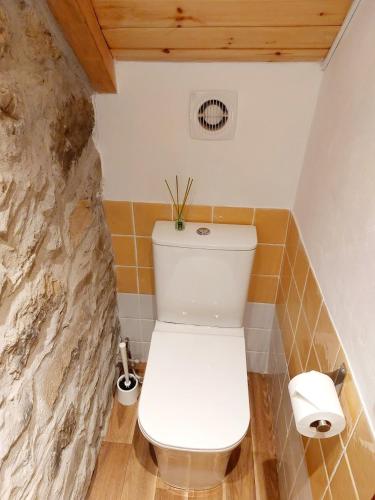 a white toilet in a bathroom with a stone wall at Casa Nayala in Río Aller