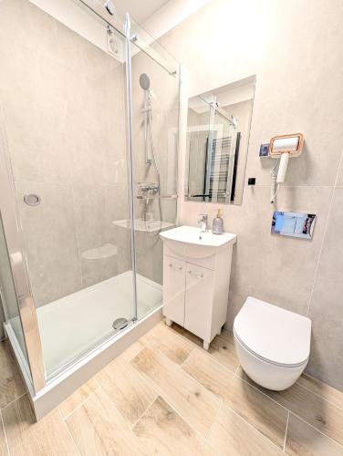 a bathroom with a shower and a toilet and a sink at Apartament Podgórze Wałbrzych in Wałbrzych