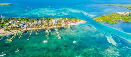 an aerial view of a small island in the water at Caye Reef Condos in Caye Caulker