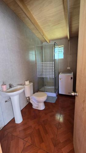 a bathroom with a sink and a toilet and a shower at Casa de campo in Lago Ranco