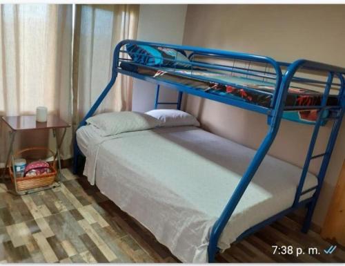 ein Schlafzimmer mit einem Etagenbett und einer blauen Leiter in der Unterkunft Villa Daisy in El Quije