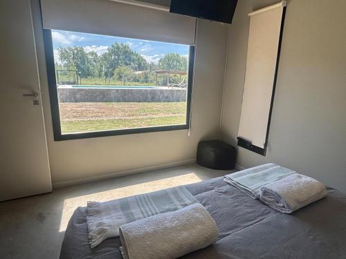 a bedroom with a bed with a large window at Rincón Sereno Tunuyán Cabaña 2 in Tunuyán