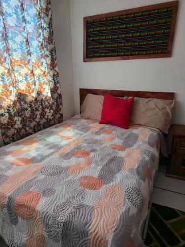 a bedroom with a bed with a red pillow on it at Habitación amplia climatizada LuzSerena #9 in Veracruz