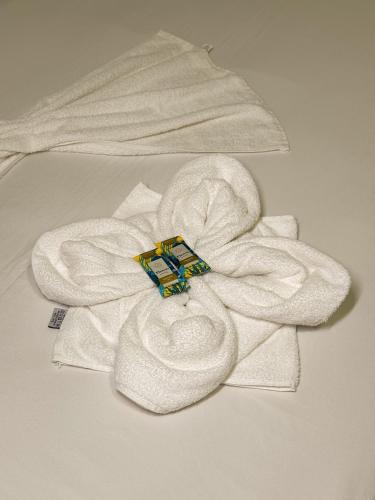 a white towel with a flower on a bed at Pousada Cajueiro Do Sol in Barreirinhas