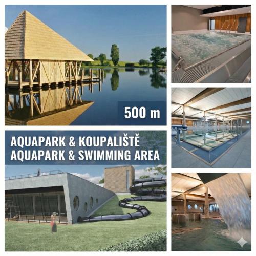 a collage of four pictures of a pavilion and swimming area at Apartmán Benedikt - soukromá zahrádka in Vrchlabí