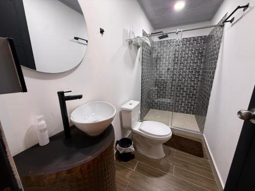 a bathroom with a sink and a toilet and a shower at Toba hotel boutique in Ibagué
