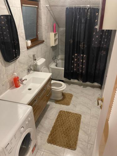 a bathroom with a sink and a washing machine at House in Center in Skopje