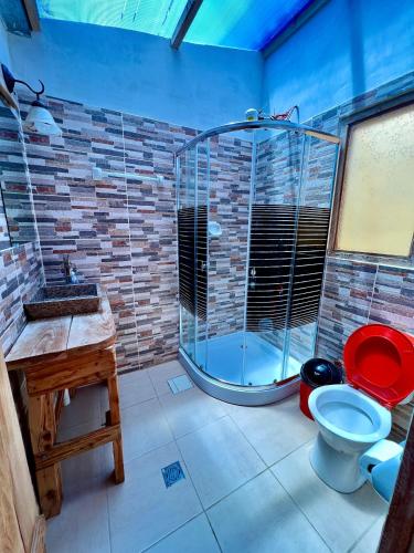 a bathroom with a shower and a toilet and a sink at Inkapacha ecohostel cabañas in Comunidad Yumani