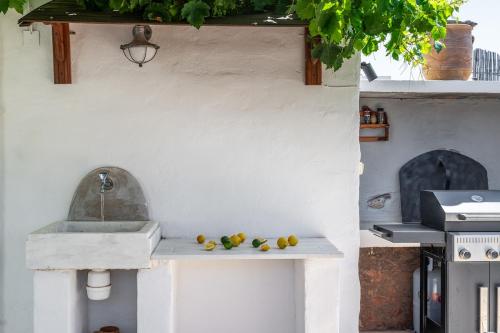 a kitchen with a sink and fruit on a counter at Casa de Flores 2 in Plaka Milou