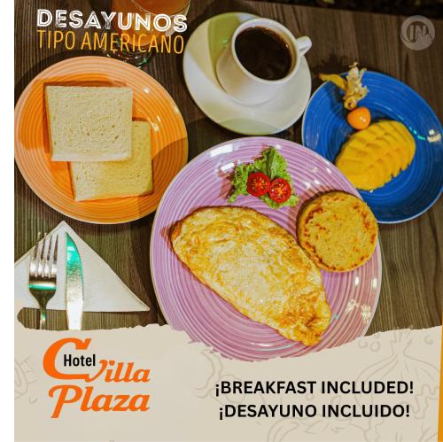 a plate of food with eggs bread and a cup of coffee at Hotel C Villa Plaza in San Gil