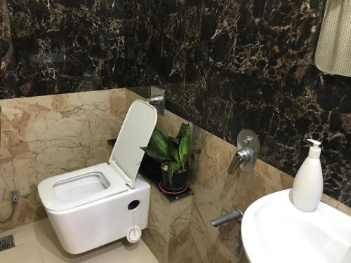 a bathroom with a toilet and a sink at Vishnoo Stays Lush Green Room in Atal Nagar in Nawāgaon
