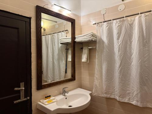 a bathroom with a sink and a mirror at Atulya Niwas - Aravali views in Udaipur