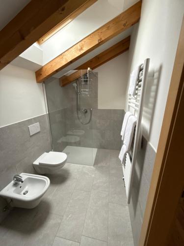 a bathroom with a toilet and a sink and a shower at Hohenbichl in Terento