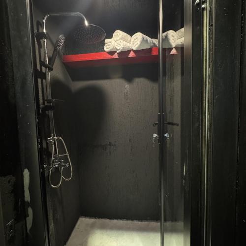 a walk in shower with a glass door and some socks at Baraka Suite in İznik