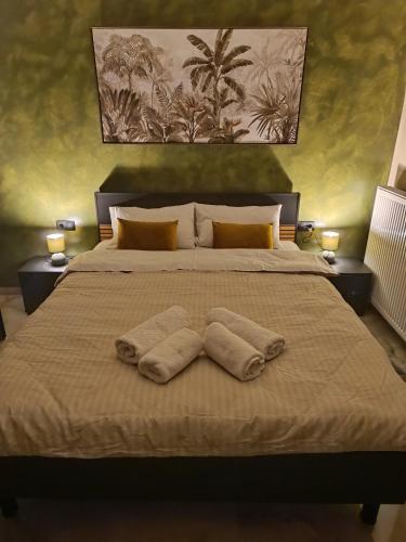 a bedroom with a large bed with two pillows on it at Dimitra's house in Aridaia
