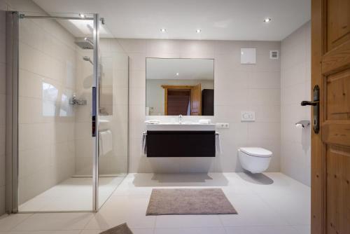 a bathroom with a sink and a toilet and a mirror at Ferienhaus-Pitztal in Wenns
