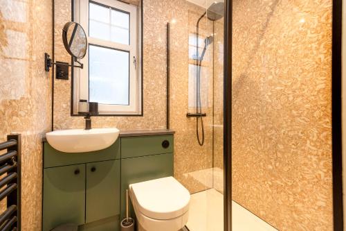 a bathroom with a toilet and a sink and a mirror at Stylish George Street Apartment in Peebles
