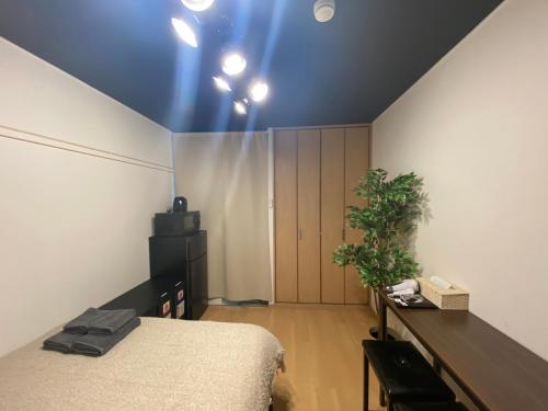 a bedroom with a bed and a blue ceiling at Luna Heights Miyake by Tranova in Kichijōji