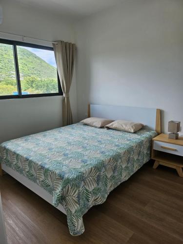 a bedroom with a bed and a large window at Friendly & Warm in Tamarin