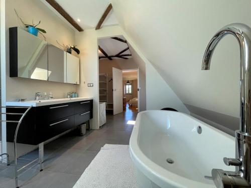 a bathroom with a sink and a bath tub at Paillé in Artiguelouve