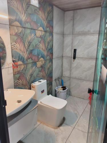 a bathroom with a toilet and a sink at Hill view cottage cj in Devikolam