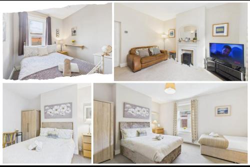three pictures of a bedroom with a bed and a living room at RestfullStays- 3 Bedroom, 4 Bed House FREE PARKING in Whitley Bay