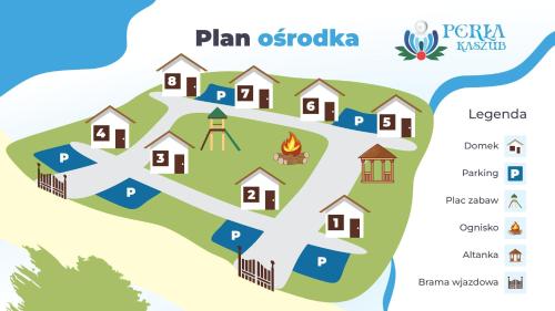 a map of the island of a resort with a campfire at Perła Kaszub in Wiele