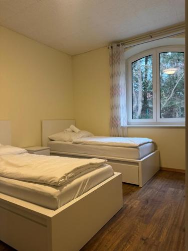 two beds in a room with a window at Haus Groß Flöte in Wismar