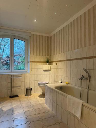 a bathroom with a tub and a toilet at Haus Groß Flöte in Wismar
