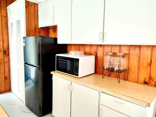 a kitchen with a black refrigerator and a microwave at Comfortable stay in Auckland