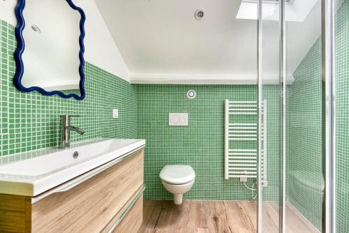 une salle de bain verte avec toilettes et douche dans l'établissement Le Logis - 6 prs - Hyper, à Saumur