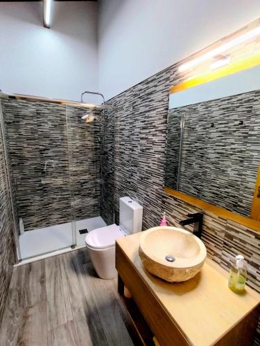 a bathroom with a sink and a toilet and a shower at Casa de Santa Luzia B in Caminha