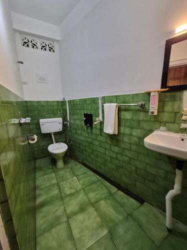 a green bathroom with a toilet and a sink at Ratnagiri Boutique Hotel in Mirik