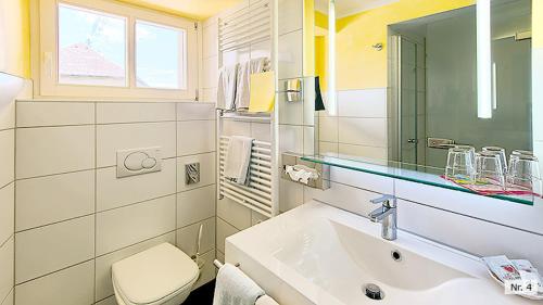 a bathroom with a sink and a toilet and a mirror at Landhotel Löwen Bernau in Bernau im Schwarzwald
