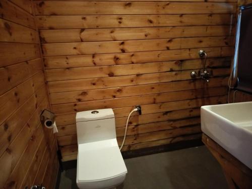 a bathroom with a toilet and a sink at Bay View Resort in Anjuna