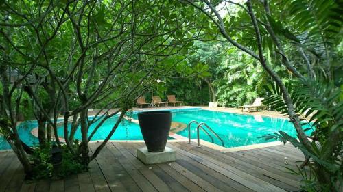 a swimming pool in the middle of a forest with a wooden deck at Rainbow Arokaya Welness Resort in Ban Hua Sai