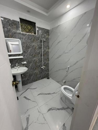 a bathroom with a toilet and a sink at Comfort Lodge in Karachi