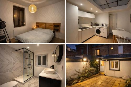 three different views of a kitchen and a room at Le cocon avec Terrasse in Amiens